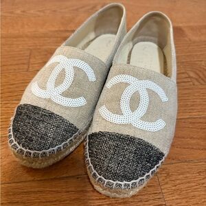 CHANEL Beige and Black Canvas Espadrilles